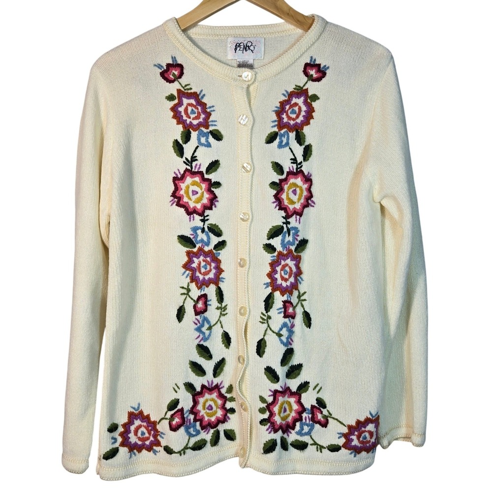 Vintage Jenny Floral Embroidered Cardigan Sweater Cream Womens Large Boho Knit